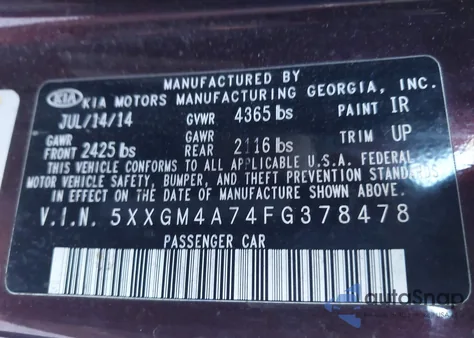 2015 Kia Optima Lx from USA, damaged, VIN 5XXGM4A74FG378478